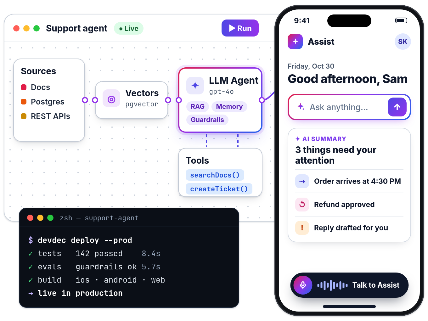 AI agent workflow connecting data sources, embeddings and an LLM agent to a mobile app and web dashboard, built by DevDec